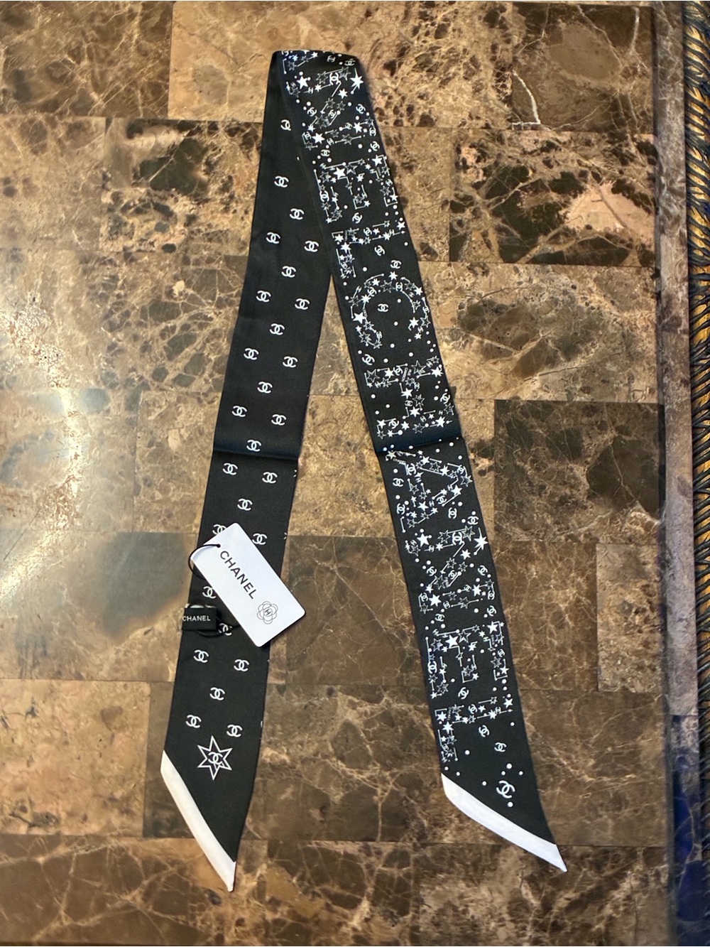 Double C Logo 100% Silk Twilly Slim Bandeau Scarf Black with white Pearls